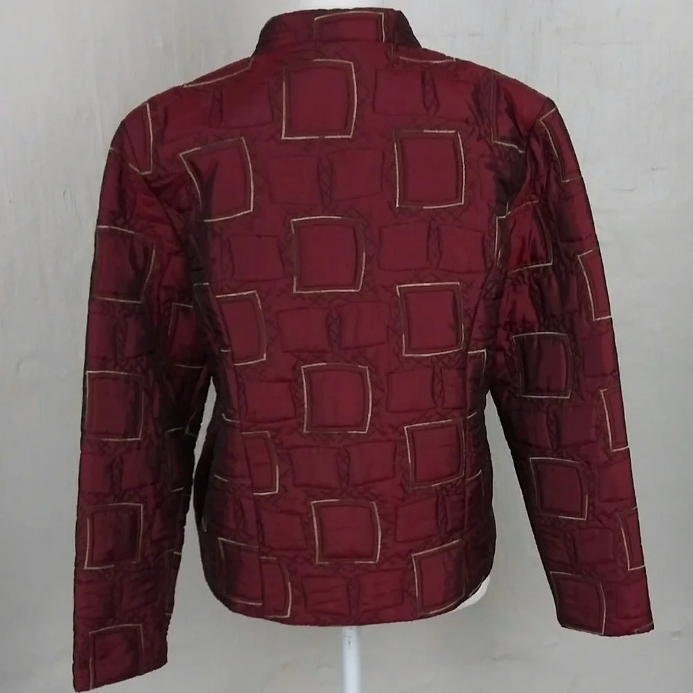 Soft Works Burgundy Geometric Pattern Stand Up Collar Zip Up Quilted Jacket